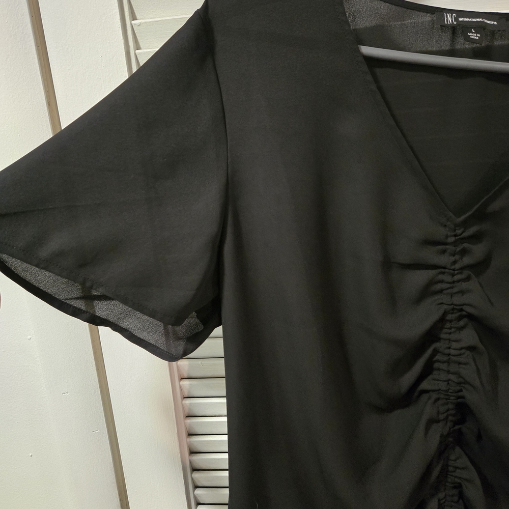 INC International Concepts Black Gathered V-Neck Blouse - Picture 2 of 4